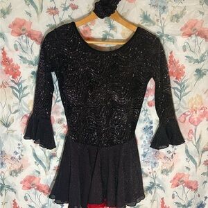 Vintage Chic Black Glitter Women's Figure Skating Outfit and Scrunchy